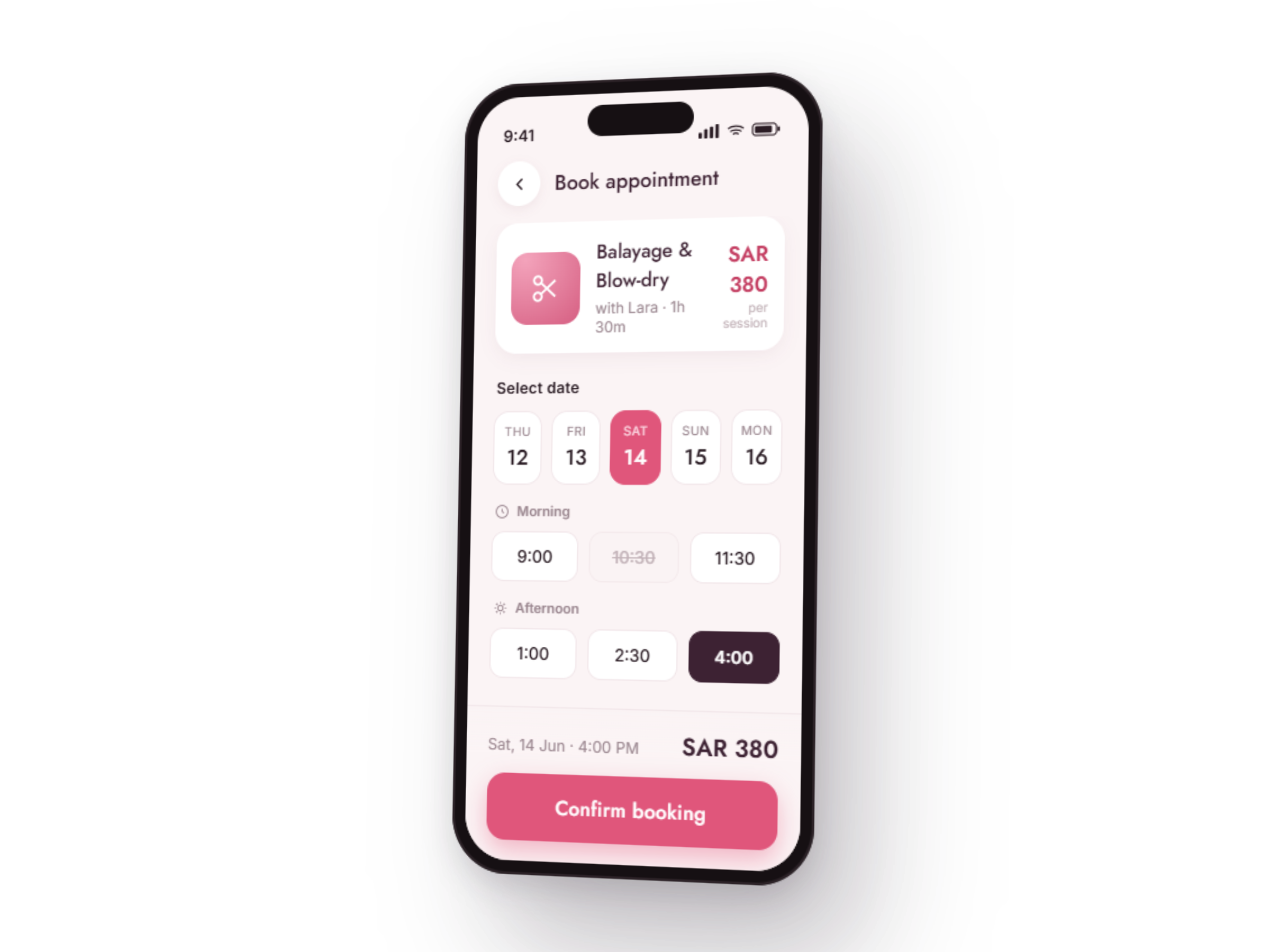 Mira app booking screen showing service selection and time slots