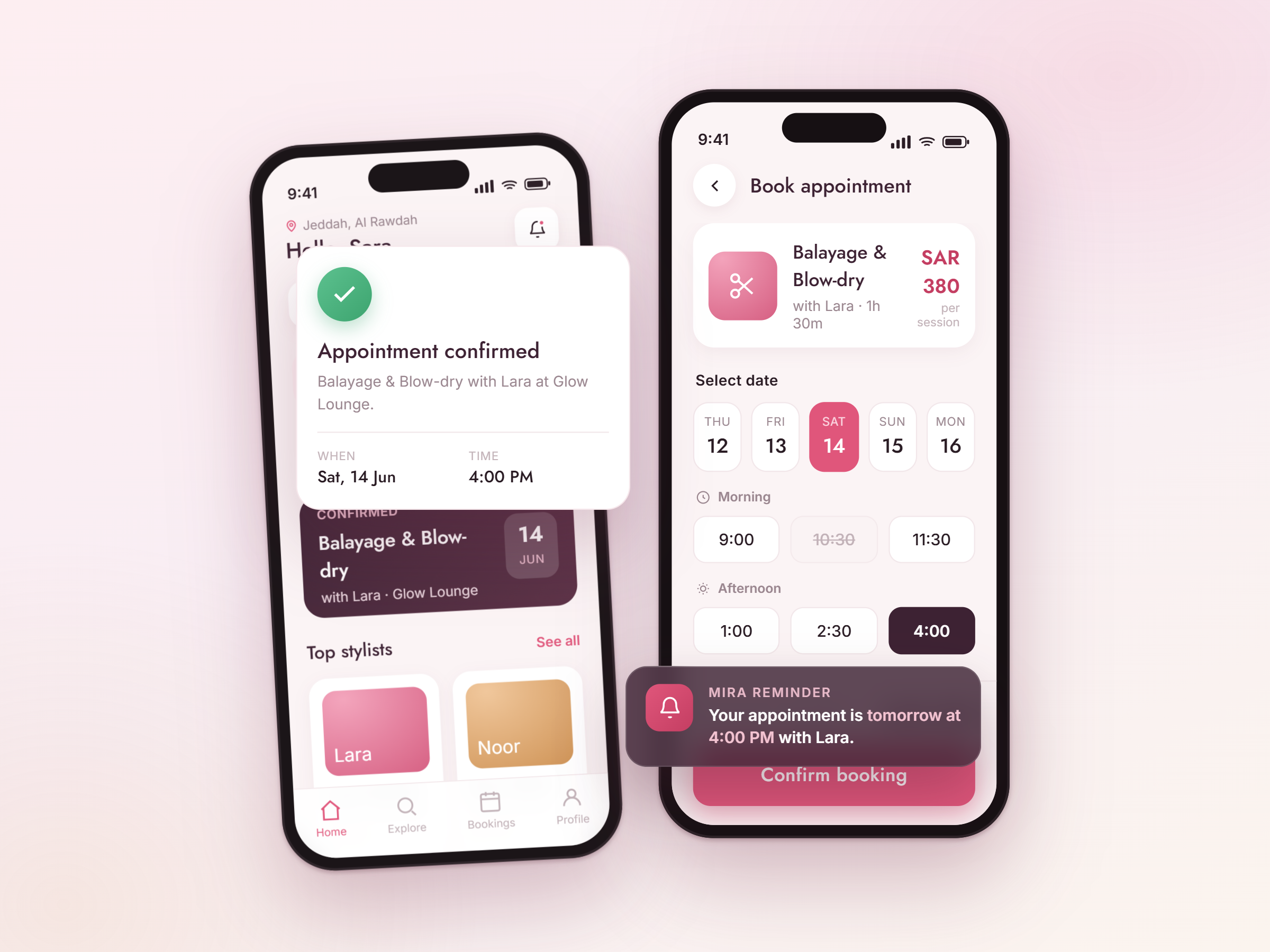 Mira beauty and wellness booking app built by Vootlabs, showing salon discovery and appointment slots