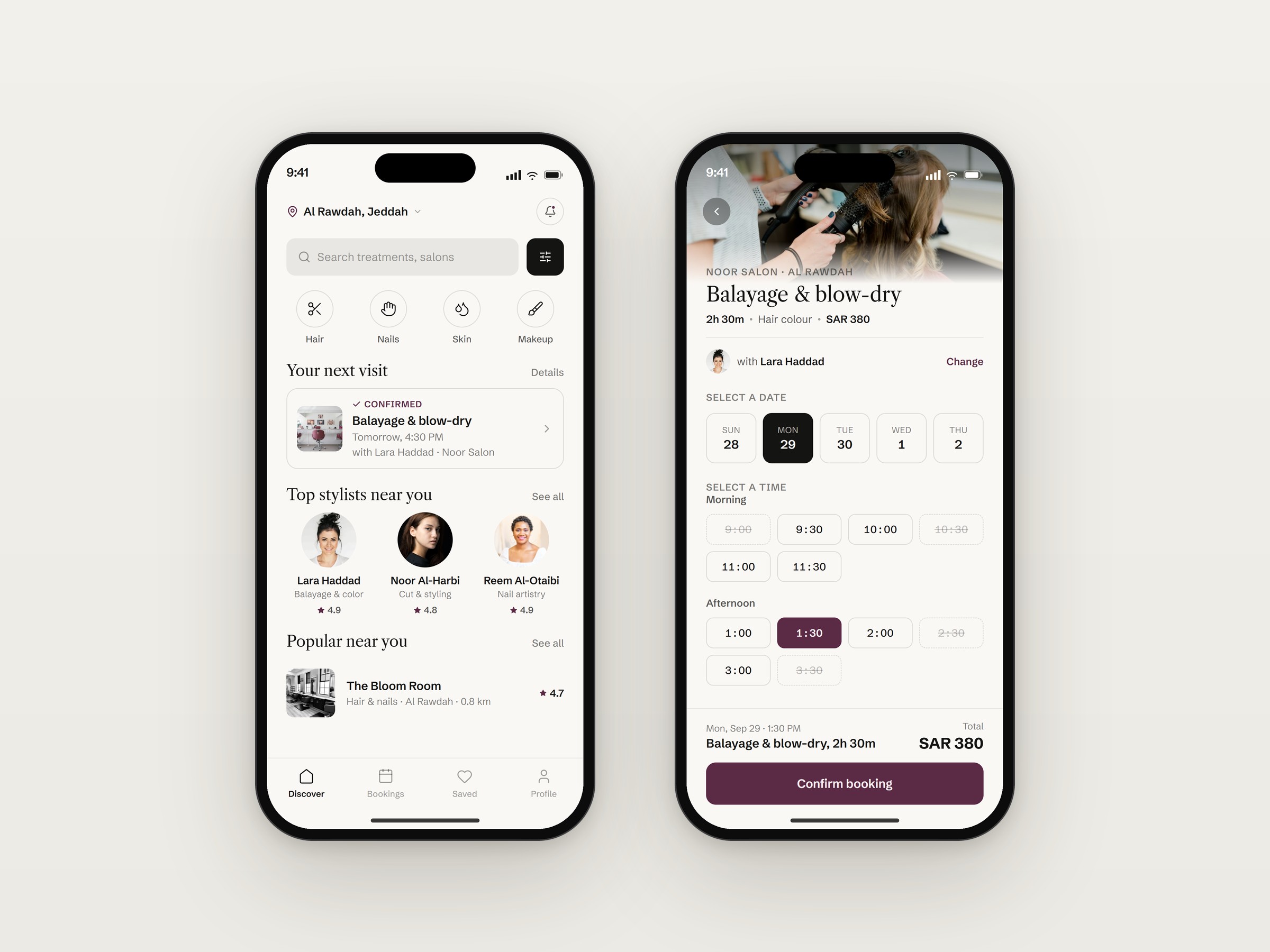 Mira beauty and wellness booking app built by Vootlabs, showing salon discovery and appointment slots