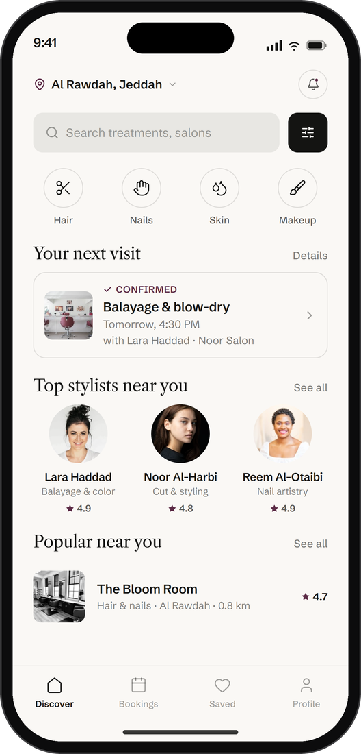 Mira app home screen showing nearby salons and stylists