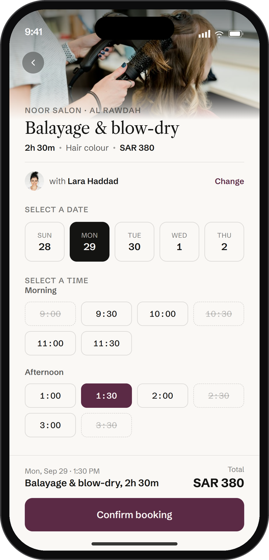 Mira app booking screen showing service selection and time slots